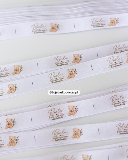 Etiquetas em algodão personalizadas com logotipo impresso a cores