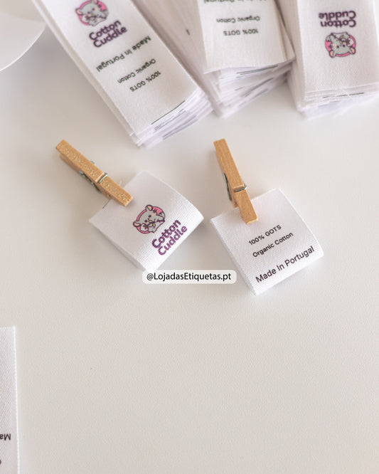Etiquetas personalizadas em fita de algodão com impressão a cores