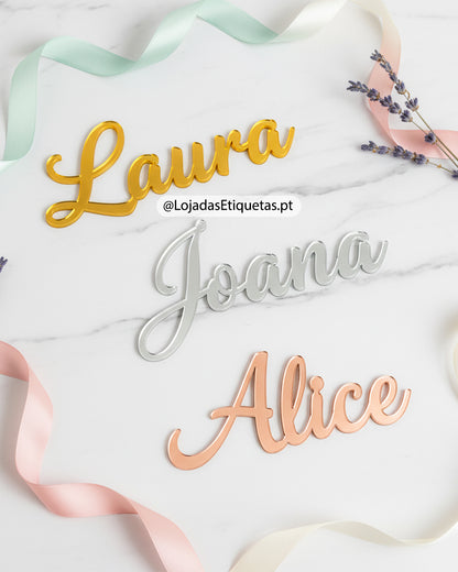 Nome personalizado em acrílico dourado, prateado e rosa gold